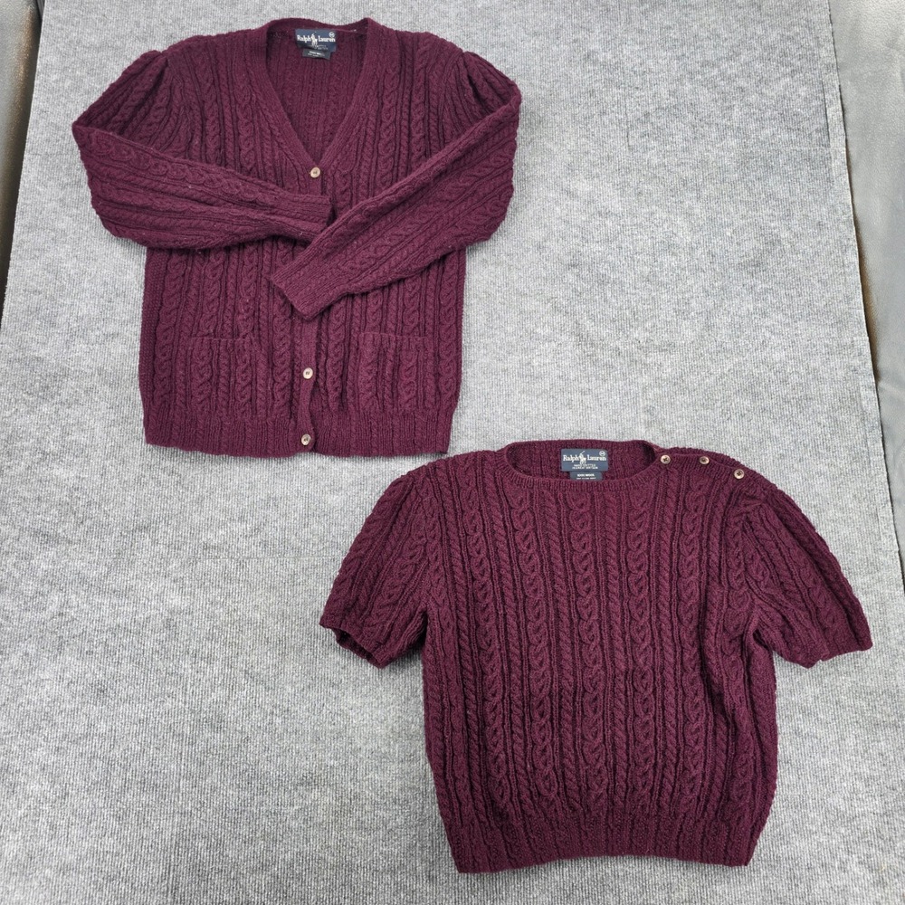 Ralph Lauren Rare Vintage Hand Knitted Wool Cardigan/Sweater Set Burgundy Medium